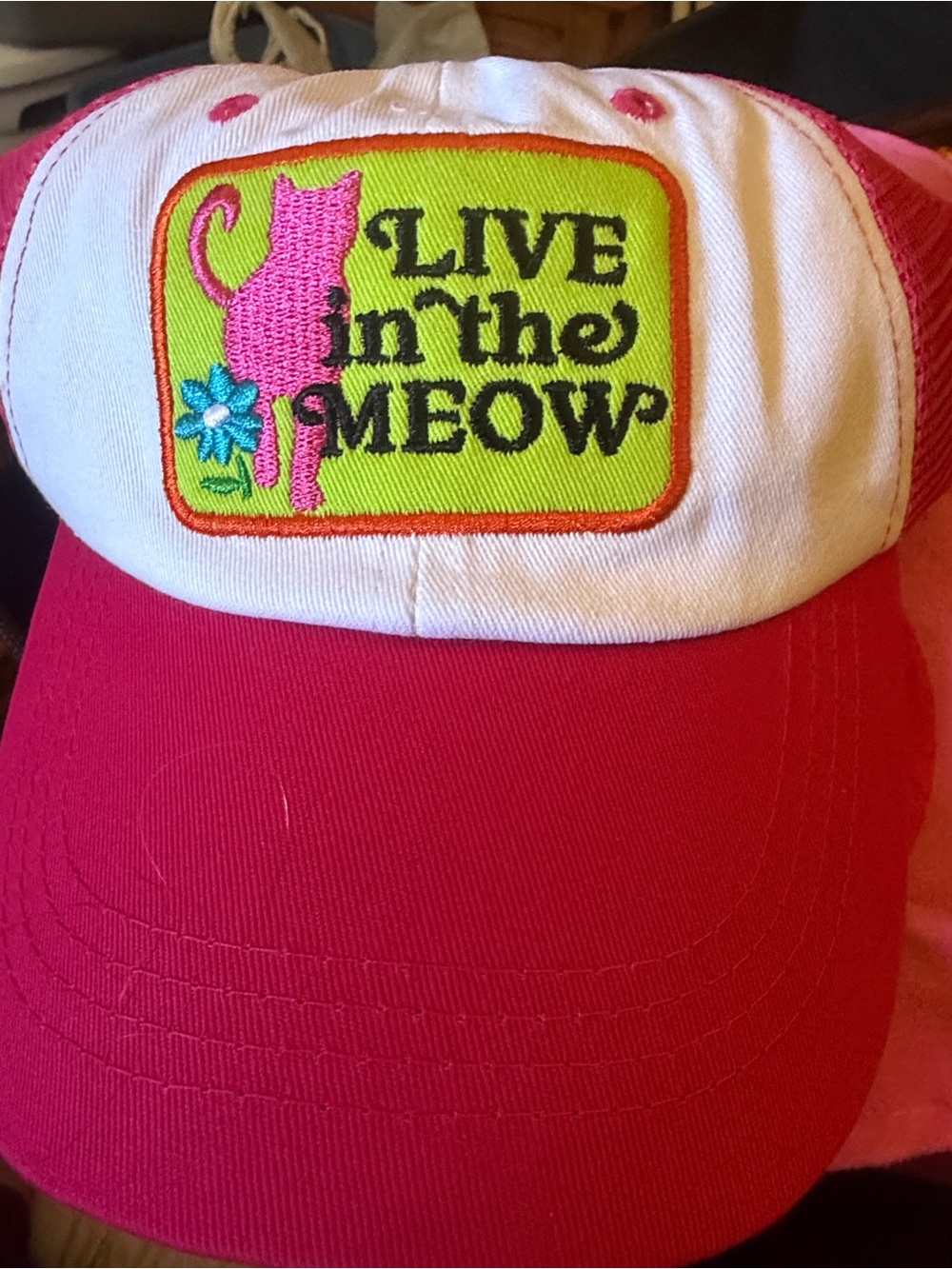 Pink and White 'Live in the Meow' Cat Baseball Cap